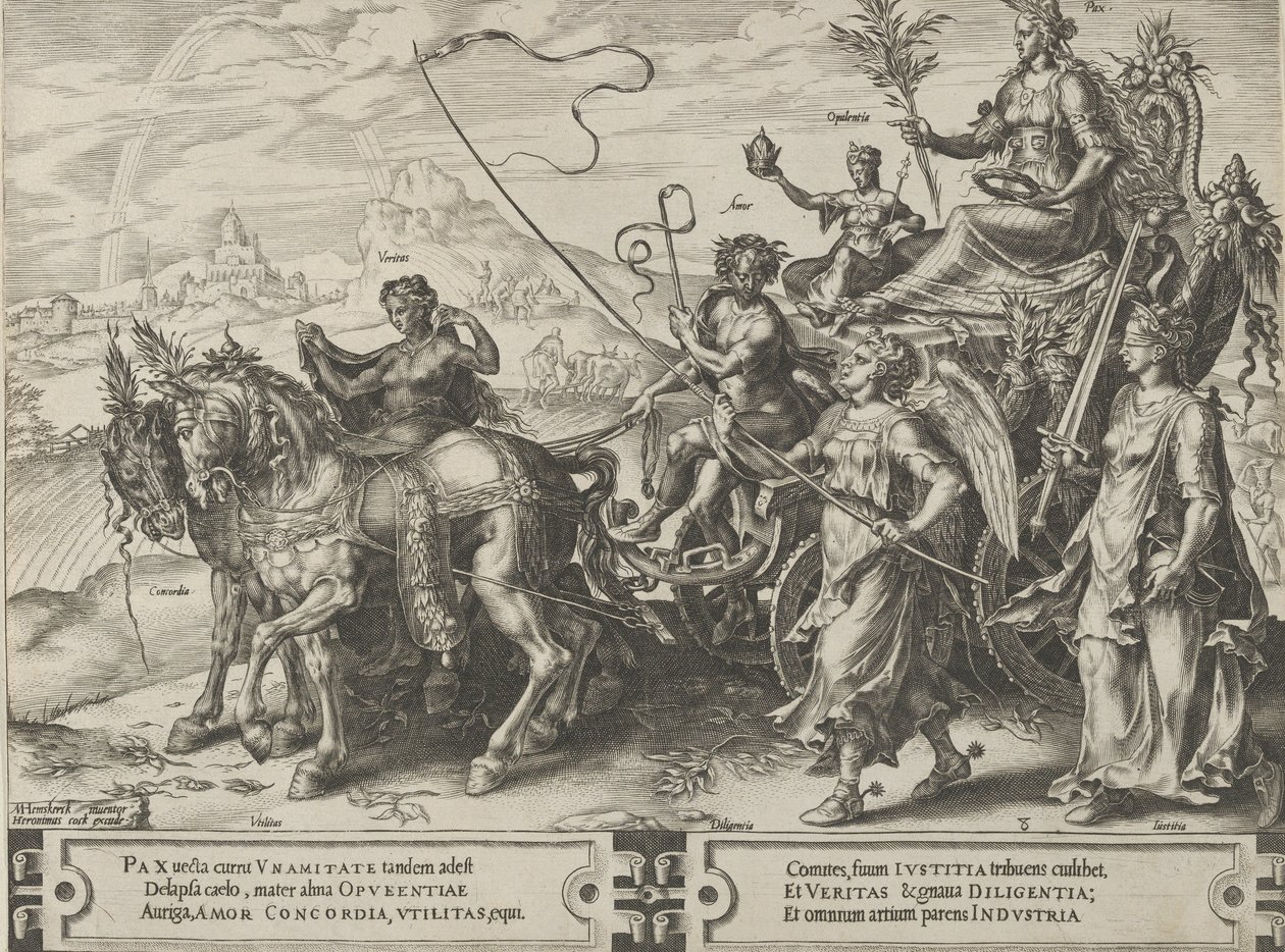 Triumf míru, z Cyklu proměn lidských záležitostí, deska 8, 1564. od Cornelis Cort