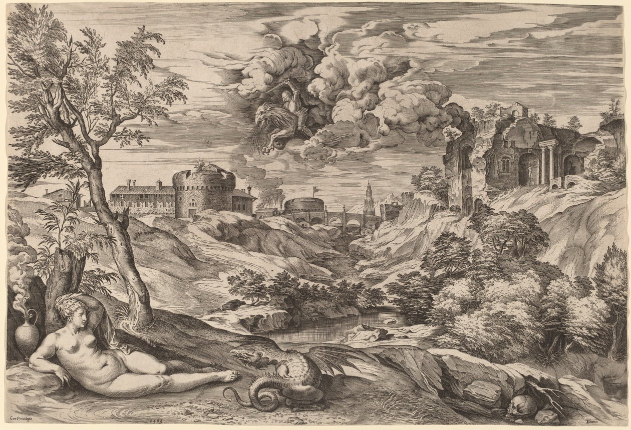 Krajina s Rogerem osvobozující Angeliku od Cornelis Cort after Titian