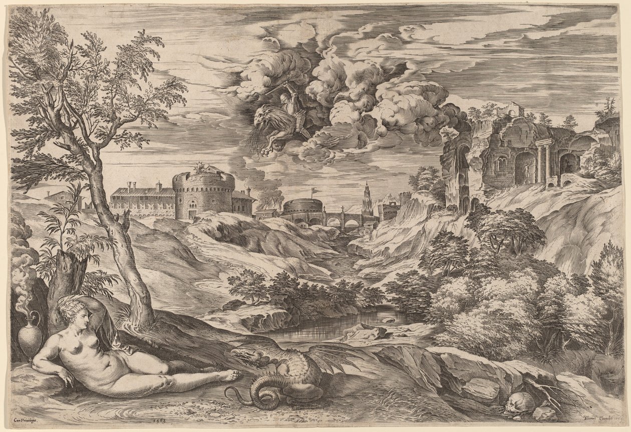 Krajina s Rogerem osvobozující Angeliku od Cornelis Cort after Titian