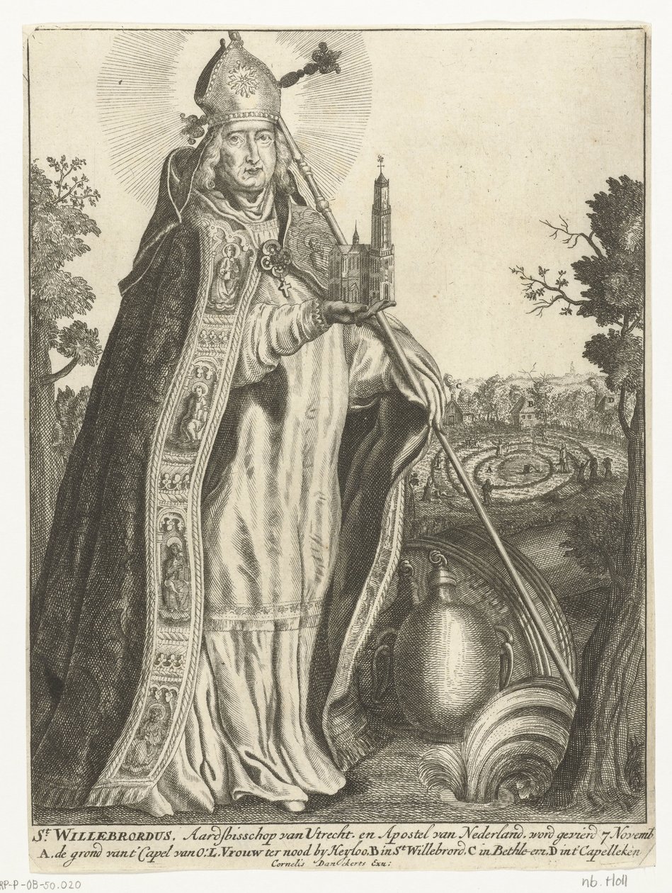 Saint Willibrord jako arcibiskup s modelem kostela Dom v Utrechtu St. Willebrord (titul na předmětu) od Cornelis Danckerts (I)