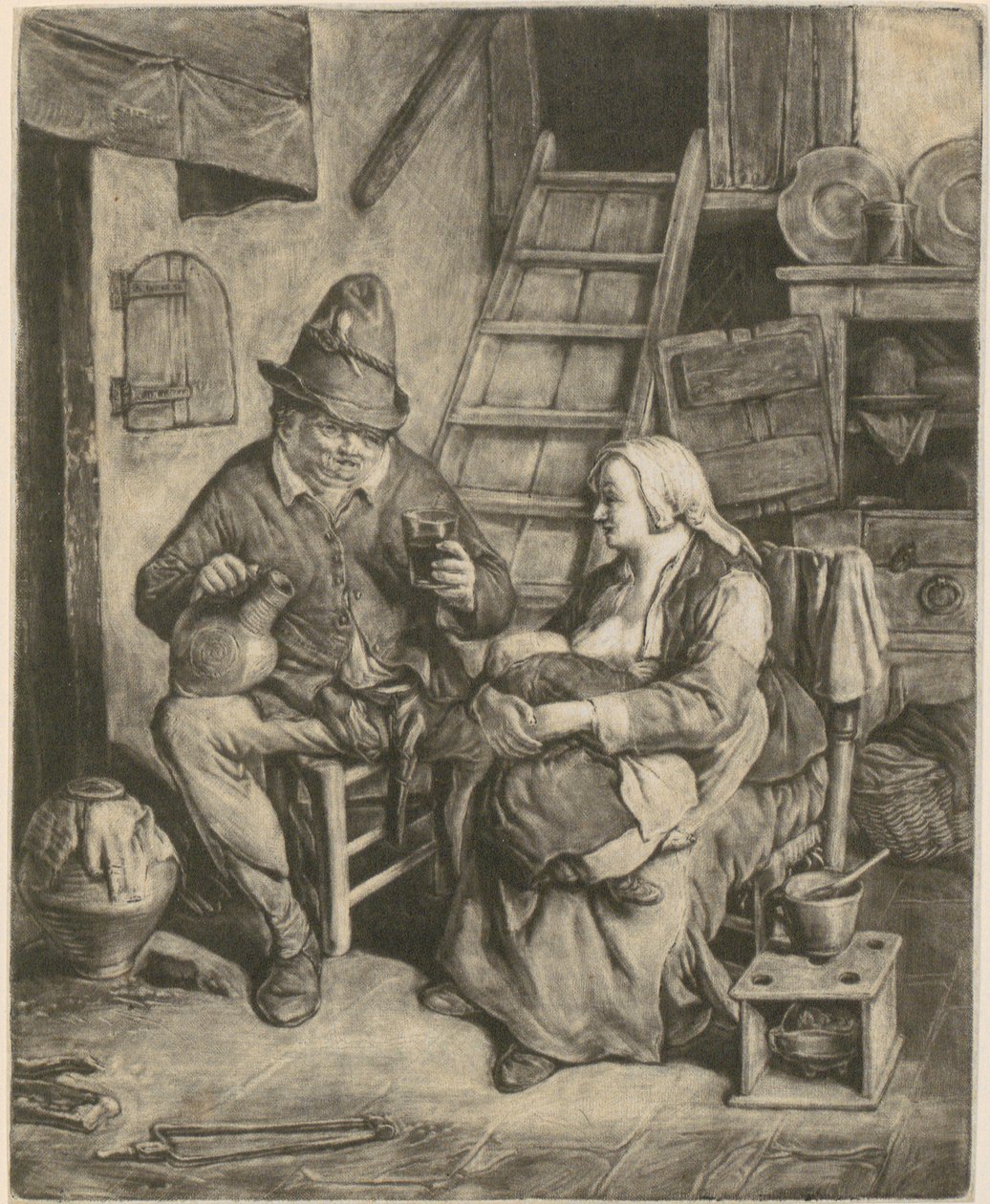 Rolník v venkovském domě, vedle něj žena, která kojí od Cornelis Dusart