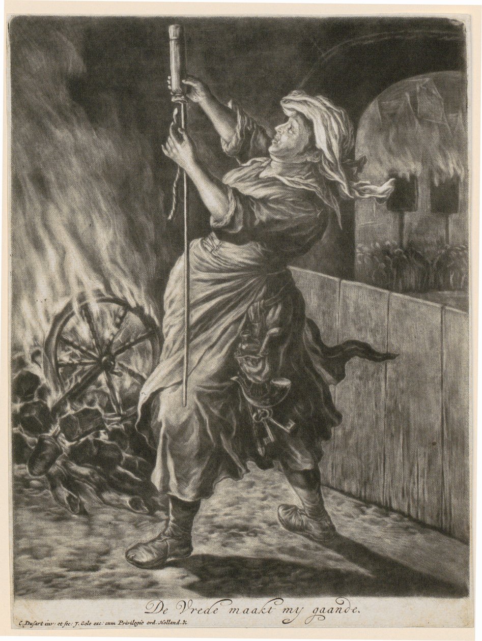 Žena zapaluje světlici, list 5 ze série „Všeobecná radost z obléhání Namuru Vilémem III. roku 1695“ od Cornelis Dusart