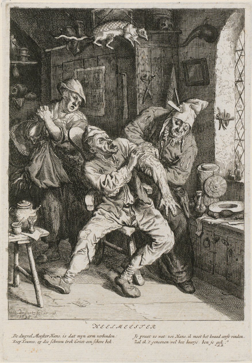 Léčitel, list 2 ze série se třemi žánrovými výjevy od Cornelis Dusart