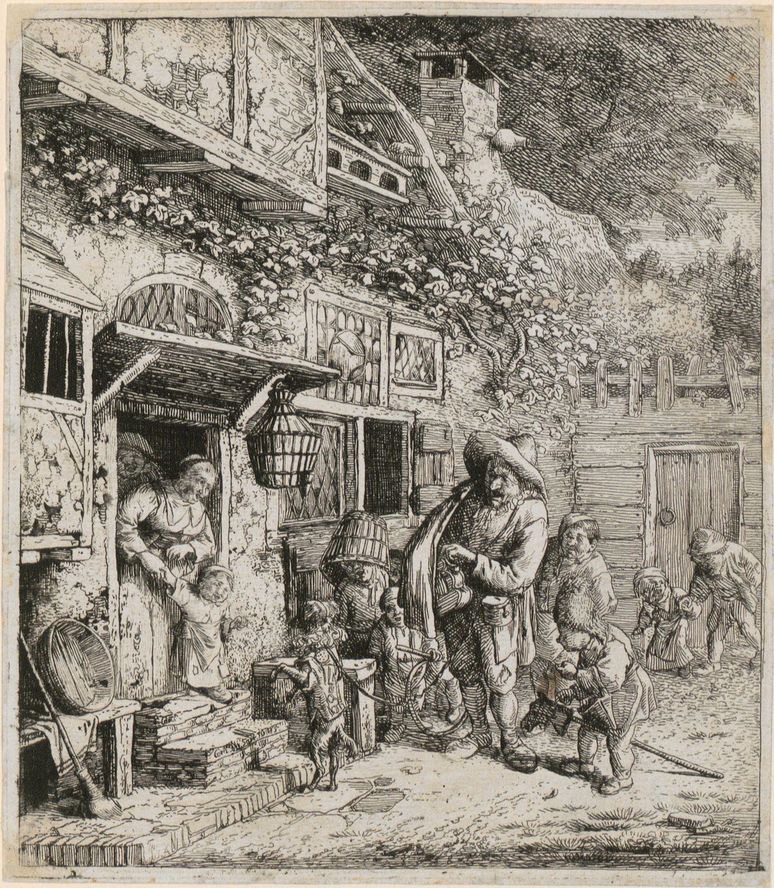 Hráč na lyru se svým tančícím psem od Cornelis Dusart