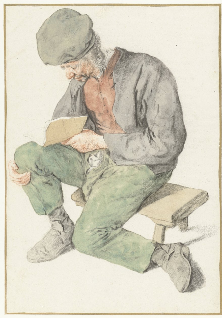 Sedící Muž čtení, Tváří v tvář Vlevo Sedící muž s knihou, otočený doleva od Cornelis Dusart