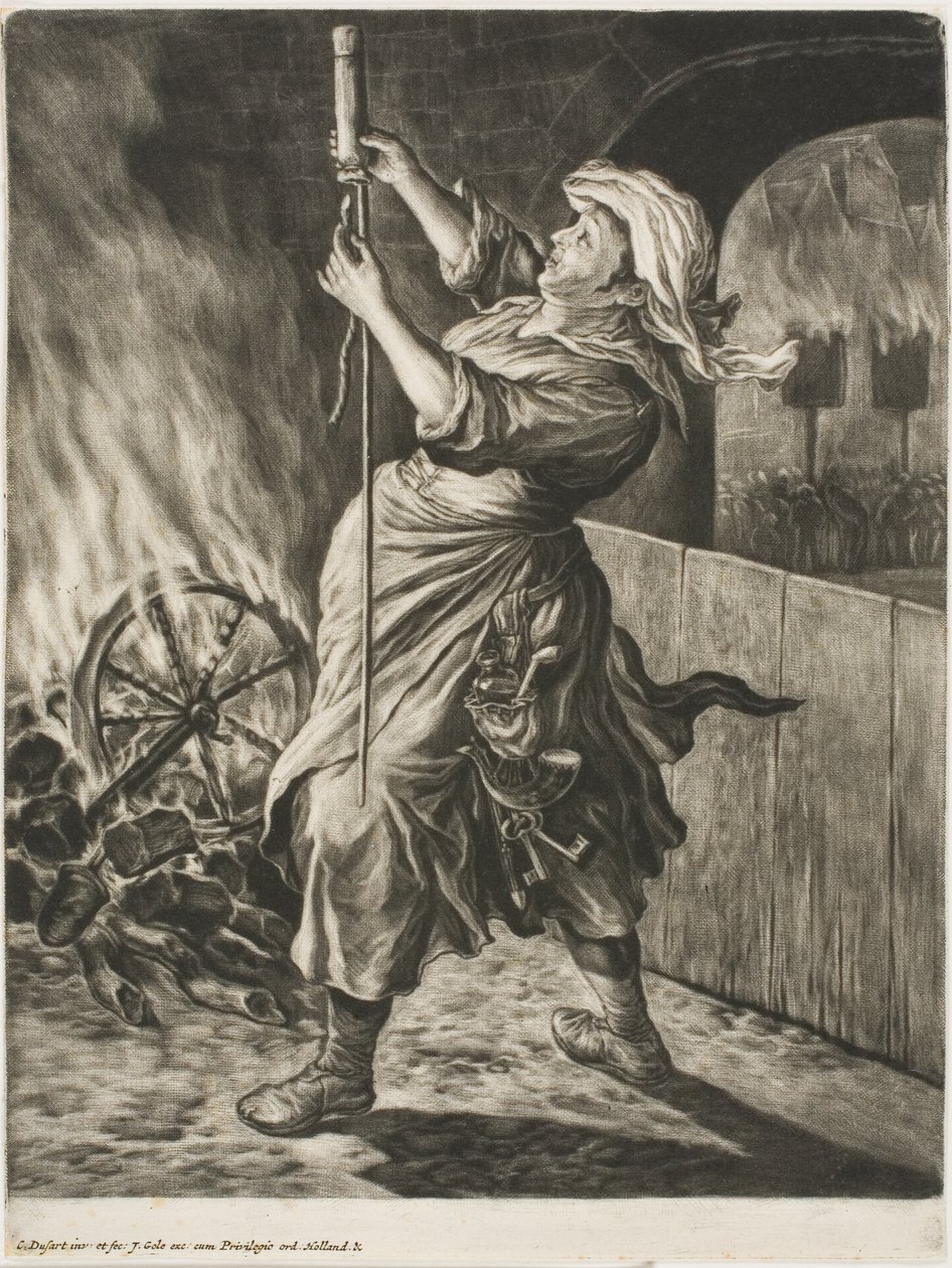 Žena zapalující raketu, nazývanou také Peace Gets Me Going, z Communia Gaudia (Rozšířená radost z obléhání Namuru) od Cornelis Dusart