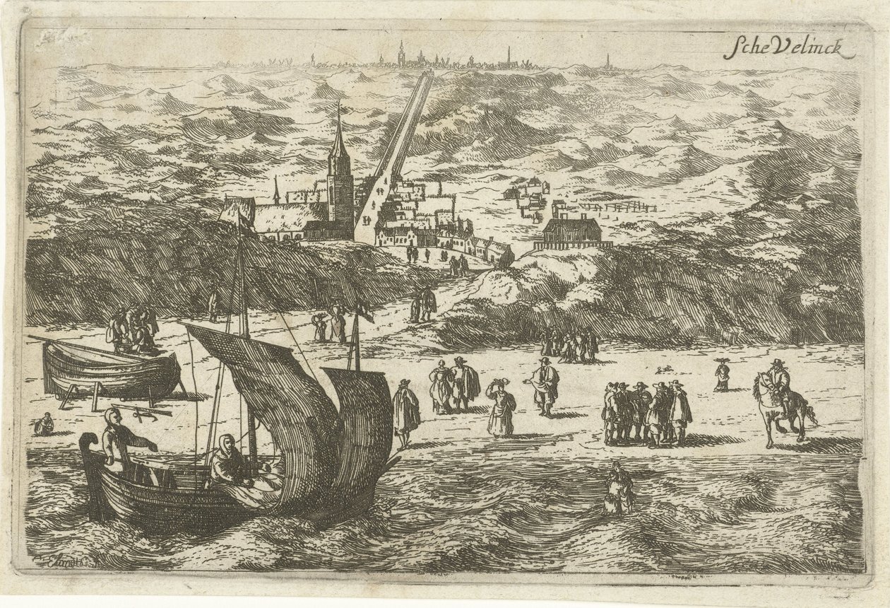 Pohled na Scheveningen od moře Schevelinck (název na objektu) od Cornelis Elandts