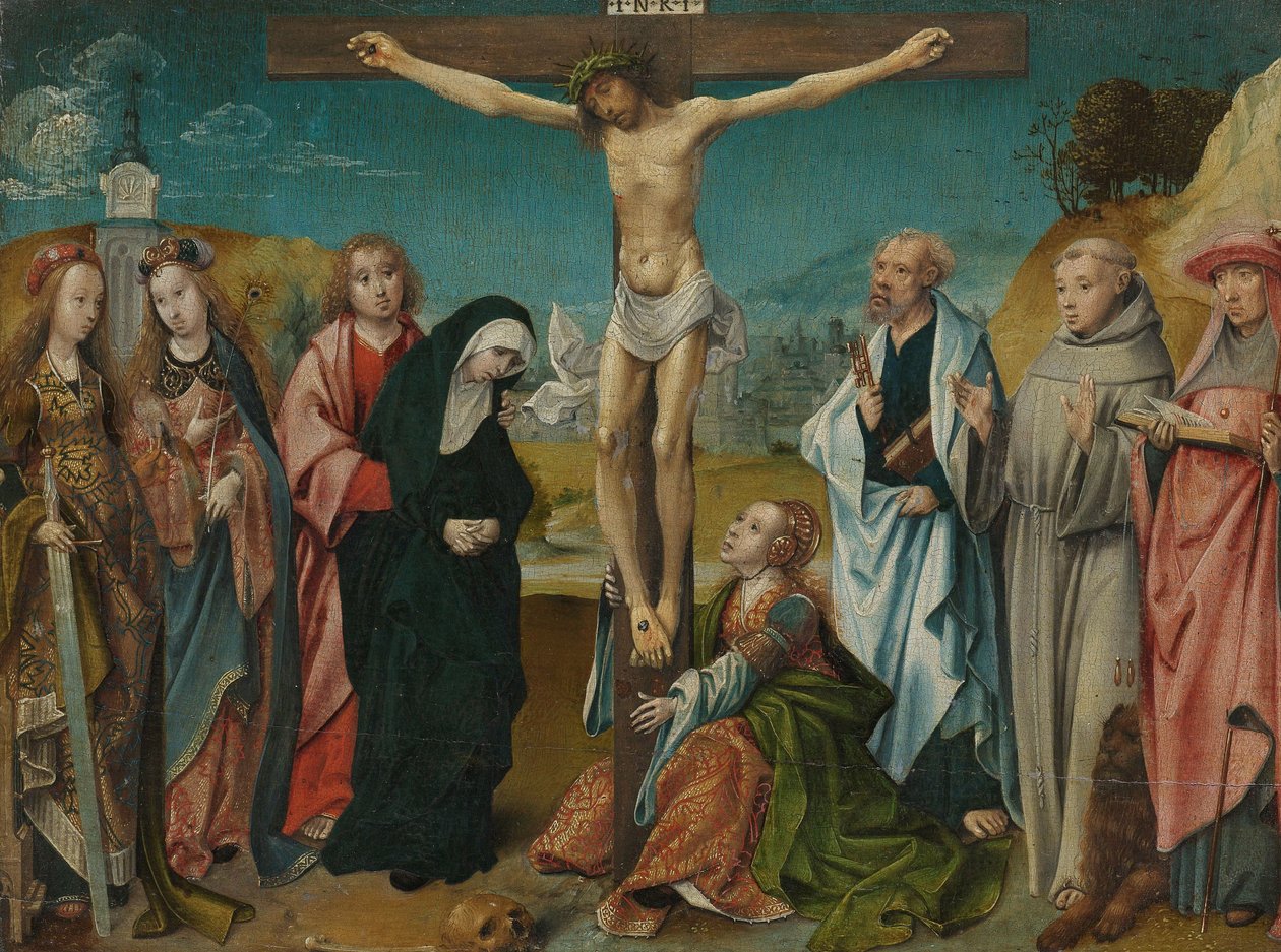 Kristus na kříži s Marií, Janem, Marií Magdalenou a svatou Cecílií a Barborou (vlevo) a Petrem, Františkem a Jeronýmem (vpravo) od Cornelis Engebrechtsz