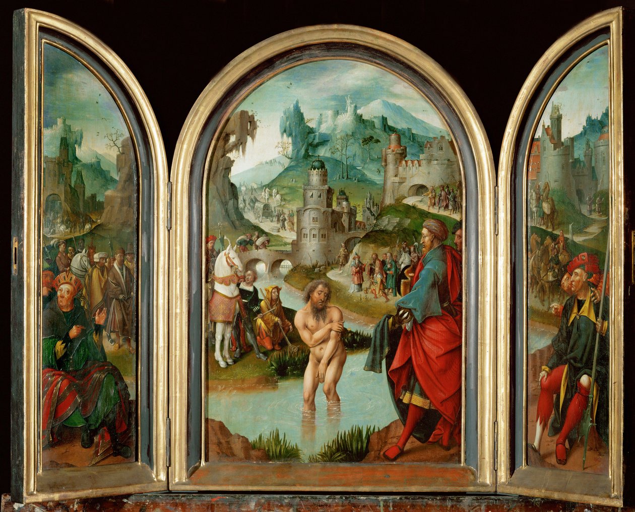 Prorok Elisa uzdravuje syrského kapitána Naemana z malomocenství ve vodách řeky Jordán (malba na dubovém dřevě) od Cornelis Engebrechtsz