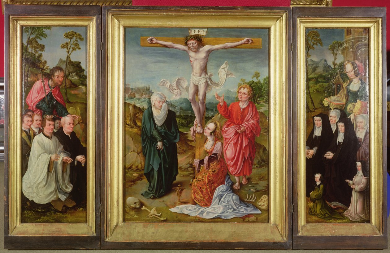 Triptych Ukřižování: Svatá Barbora s donátory (pravé křídlo); sv. Jakuba Většího s donátory (levé křídlo); Ukřižování (uprostřed) od Cornelis Engebrechtsz