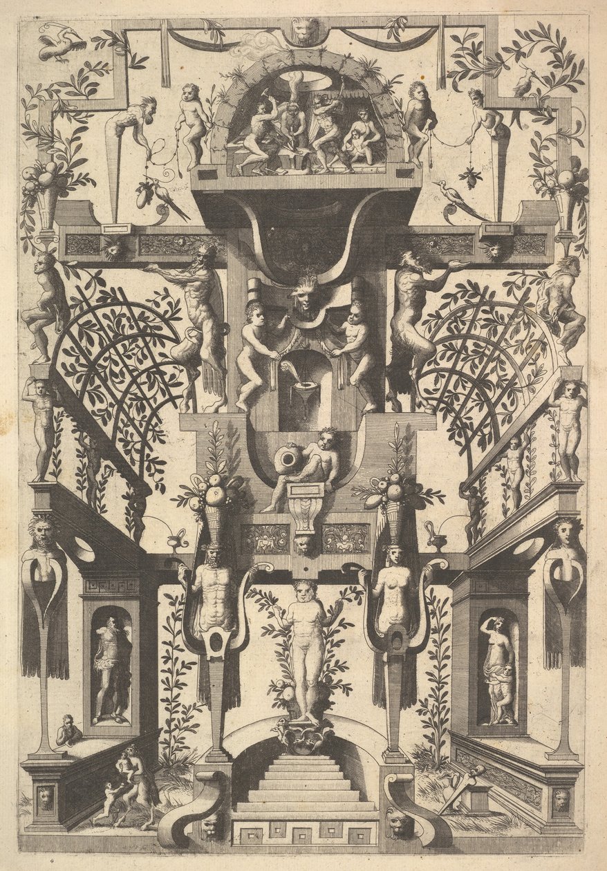Fantastická architektonická struktura s popruhy a dvěma pergolami a malou scénou s Vu..., 1557. od Cornelis Floris Ii