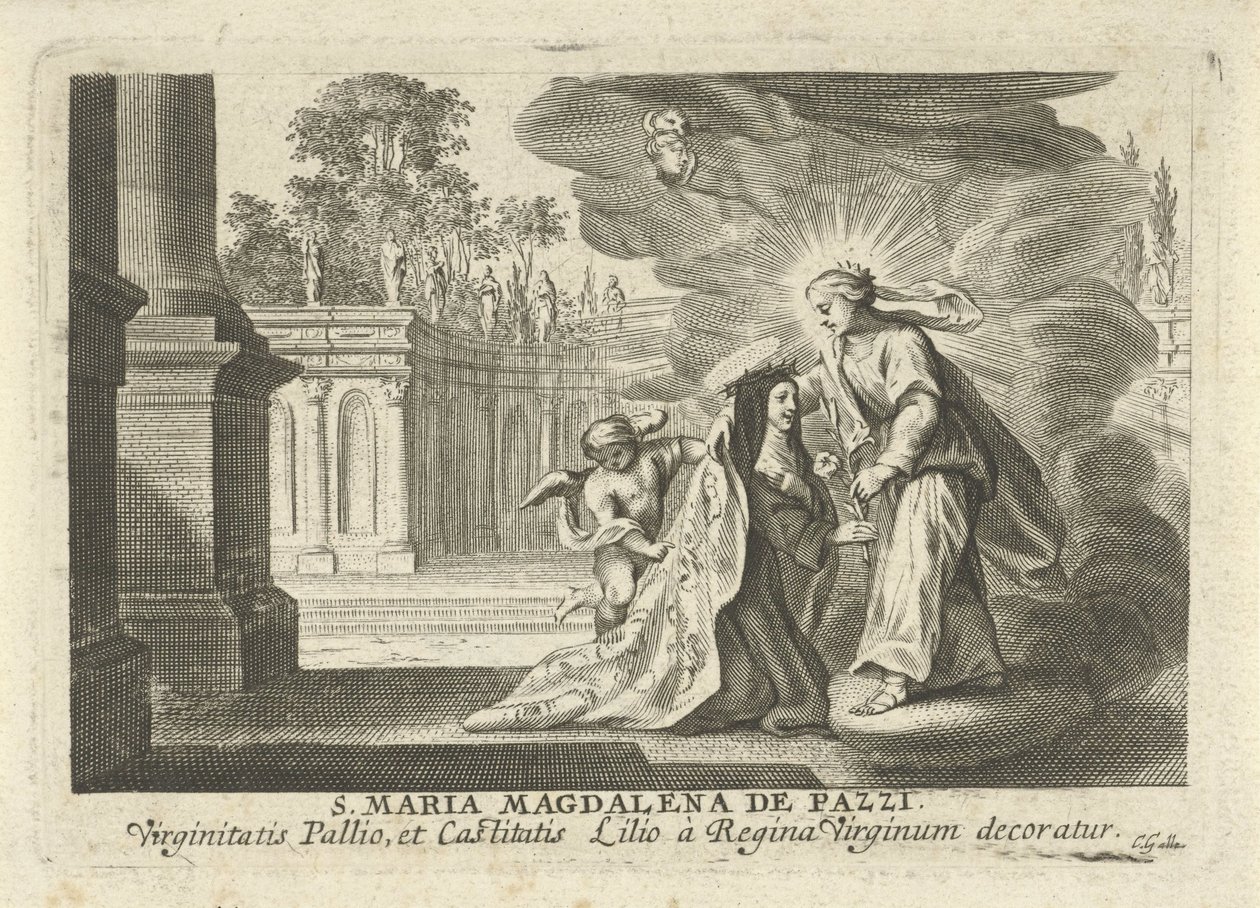 Marie dává liliovou ratolest svaté Maří Magdaleně de Pazzi od Cornelis Galle (I)