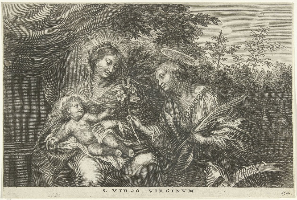 Marie s dítětem a svatá Kateřina Alexandrijská S. Virgo Virginvm (název na objektu) od Cornelis Galle (I)