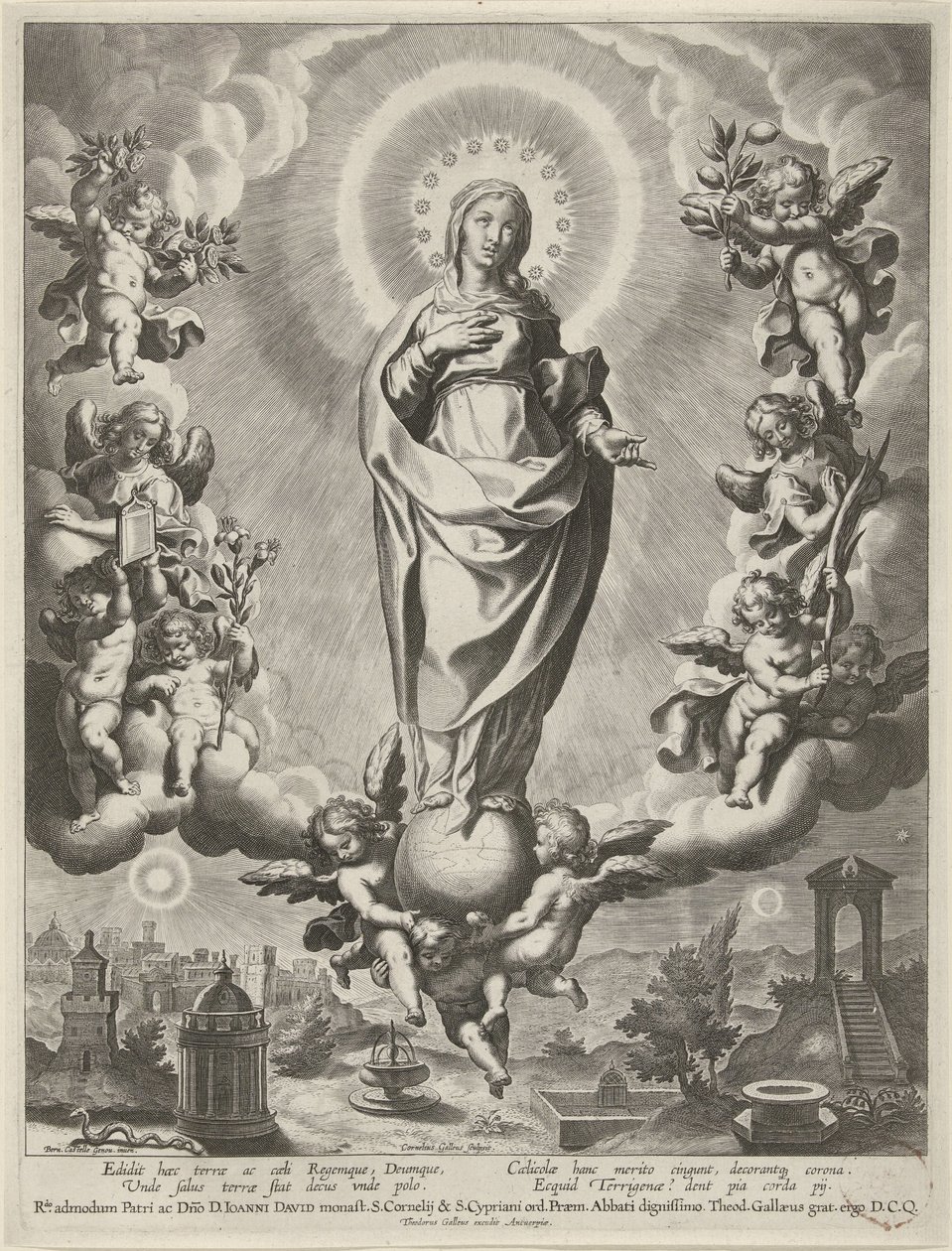 Marie na zeměkouli, obklopená anděly od Cornelis Galle (I)