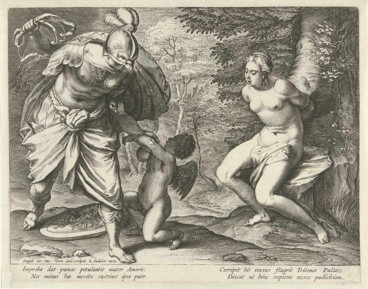 Venuše přivázaná ke stromu a Amor potrestán Minervou od Cornelis Galle (I)