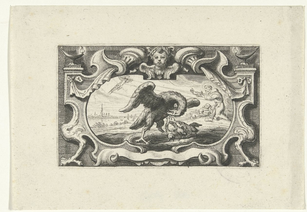 Viněta s pelikánem krmícím svá mláďata vlastní krví od Cornelis Galle (II) (attributed to)