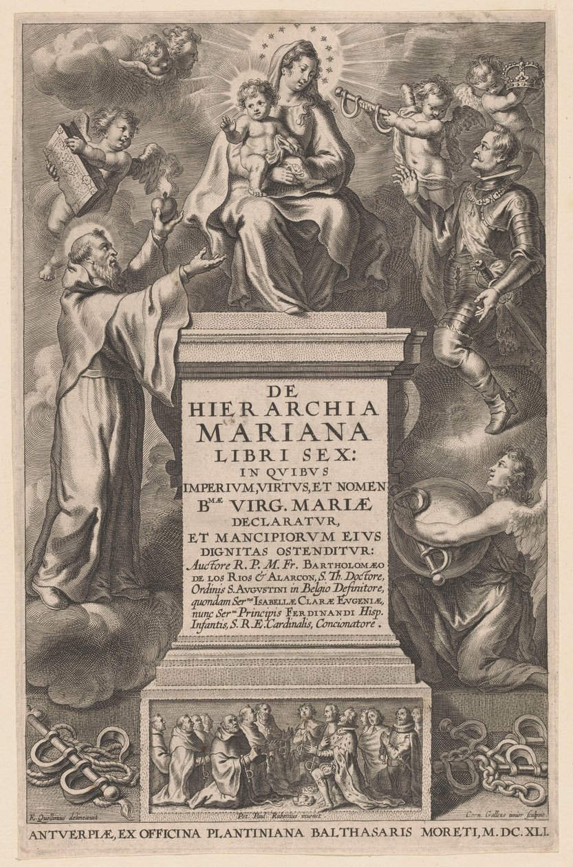 Trůnící Marie s dítětem Titulní strana pro: B. de los Rios, De hierarchia Mariana libri sex, Antverpy: 1641 od Cornelis Galle (II)