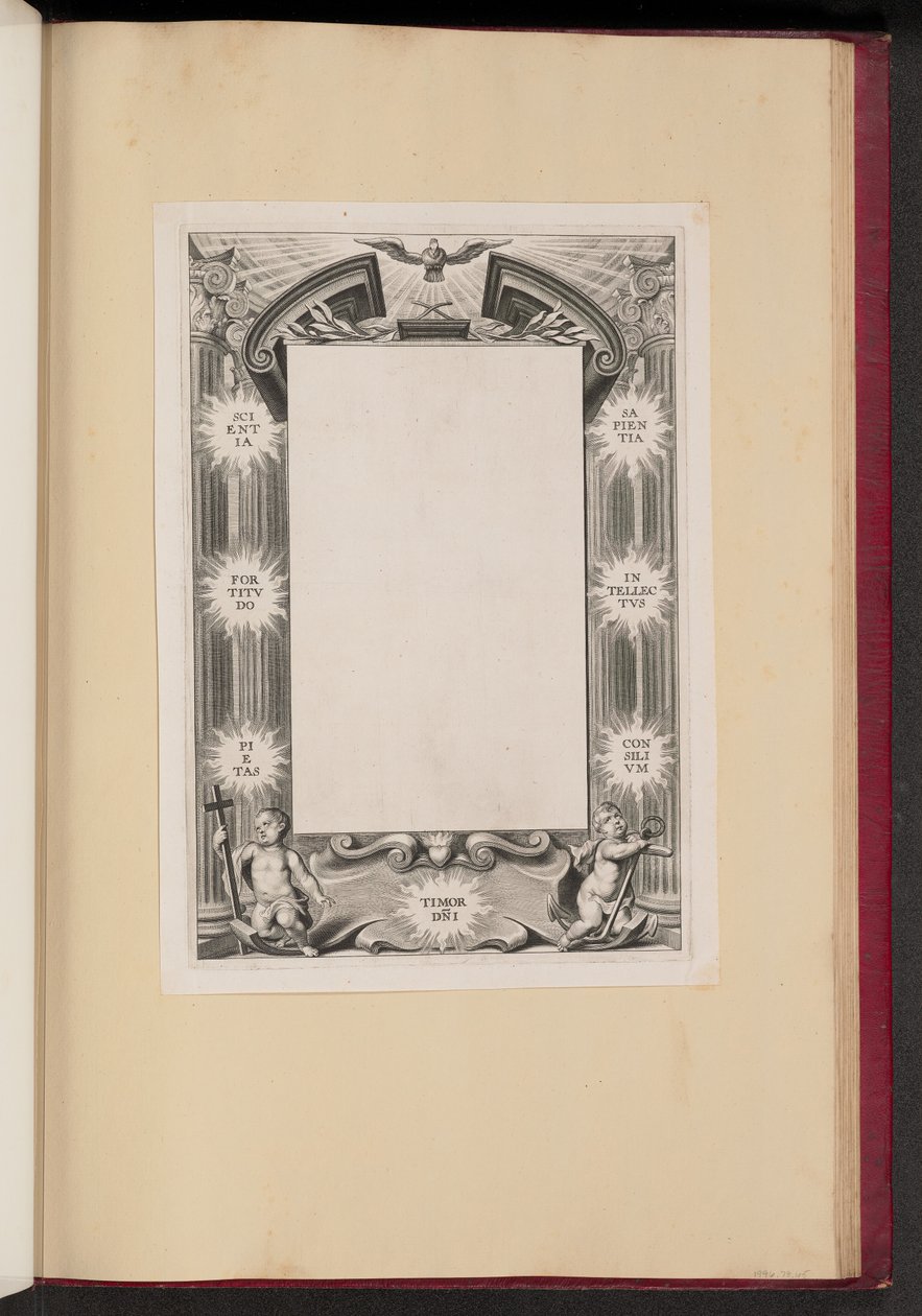 Hraniční ilustrace se dvěma Putti "Znalosti, Odvaha, Zbožnost, Strach-DNI, Moudrost, Intelekt, Consilivm" od Cornelis Galle I