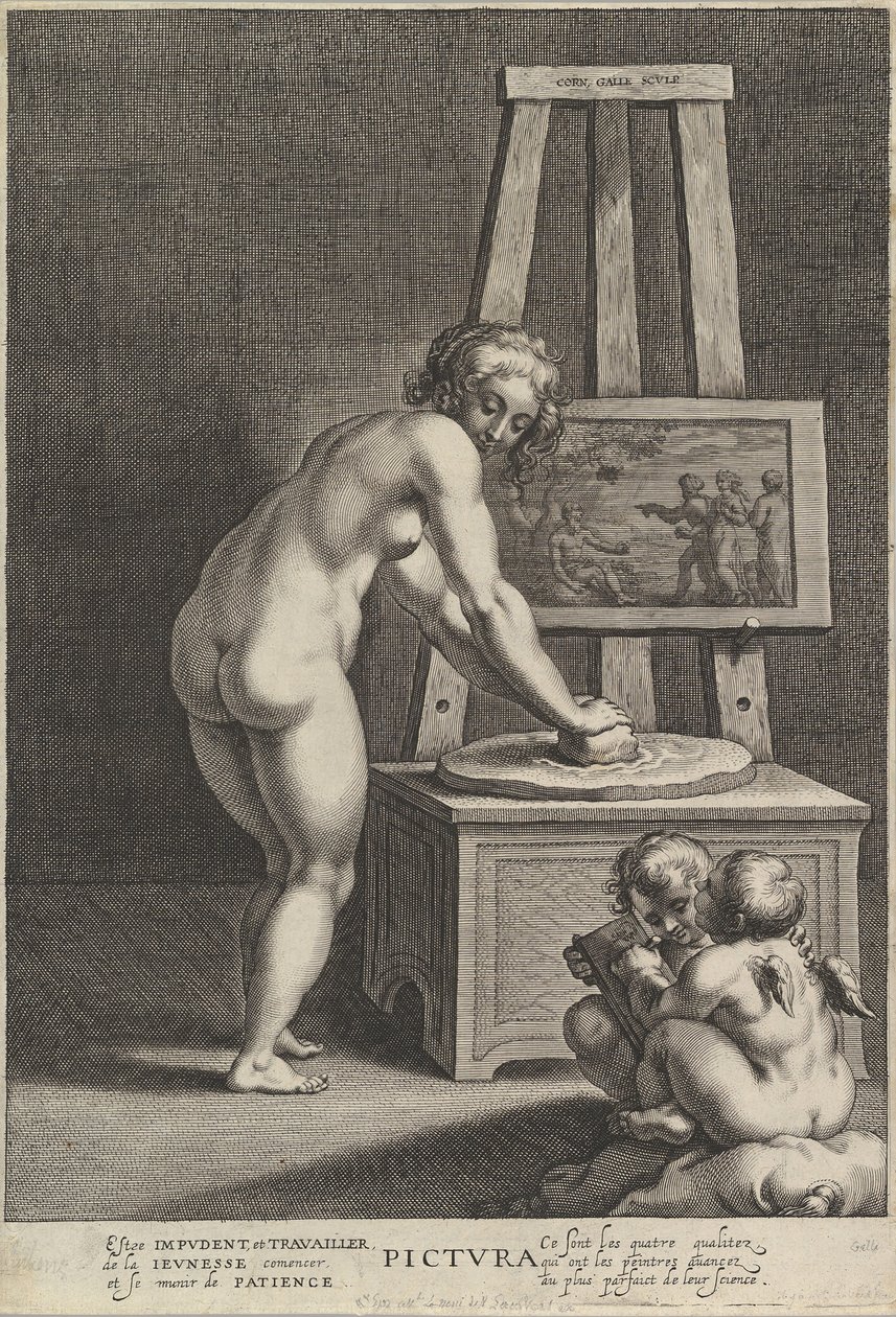 Obraz: alegorie malby, s nahou ženou uprostřed brousící pigmenty, dvě p..., ca. 1610-50. od Cornelis Galle I