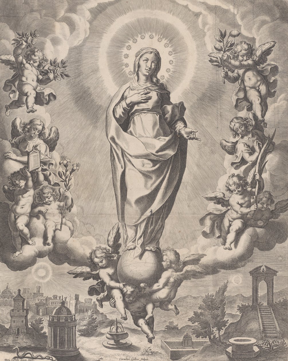 Panna ve slávě, stojící na oblacích a obklopená anděly držícími symboly ..., 1595-1633. od Cornelis Galle I