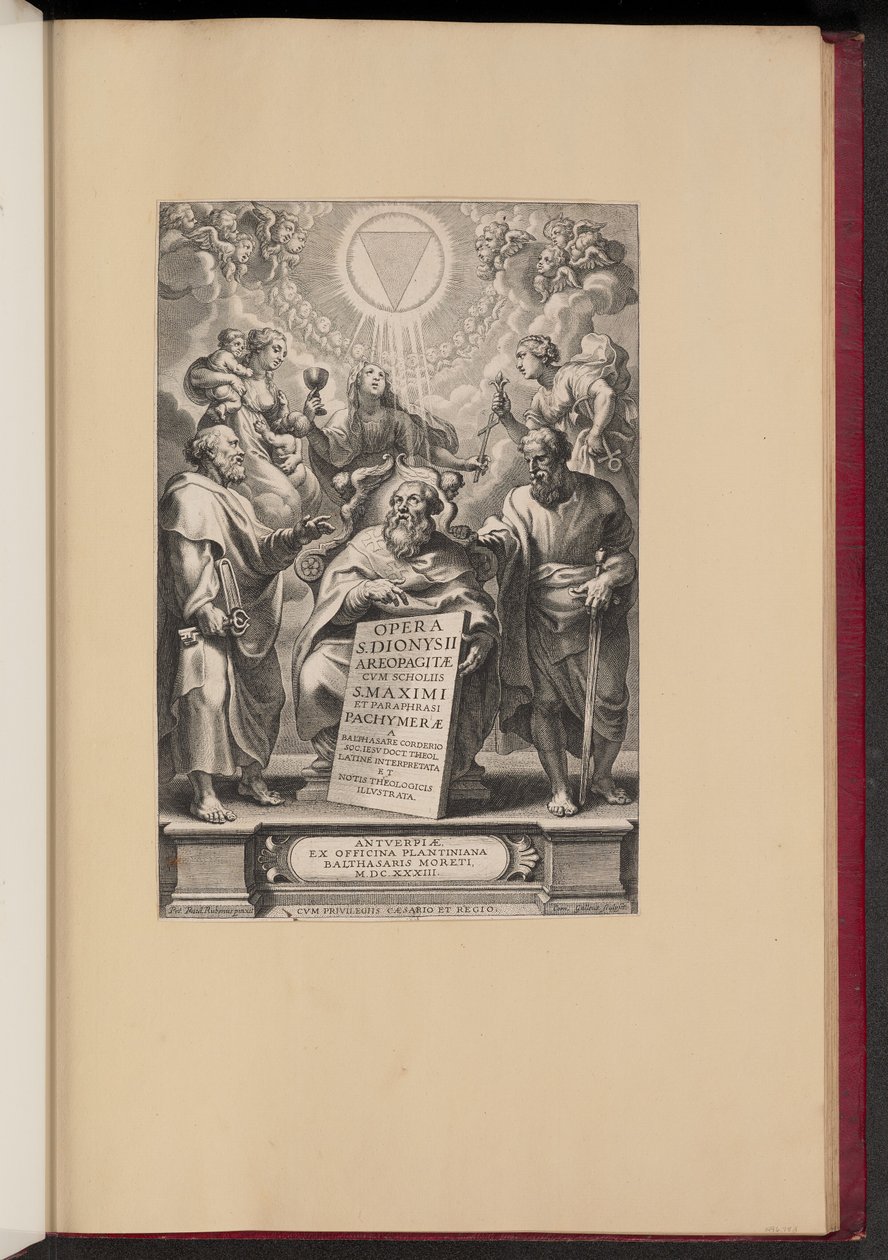 Titulní strana Balthasara Cordiera "Díla sv. Dionýsia Areopagita, I" od Cornelis Galle I after Sir Peter Paul Rubens