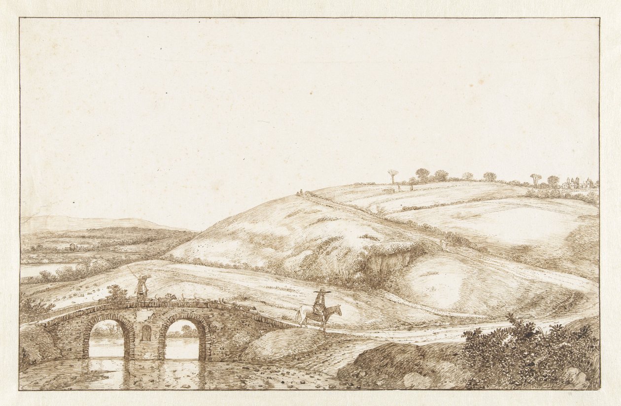Kopcovitá krajina s kamenným mostem od Hendrick Cornelisz. Vroom
