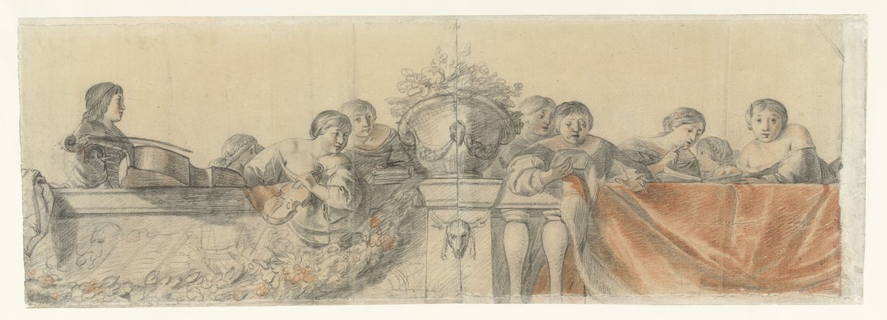 Lidé na balustrádě s girlandami Návrhy nástěnných maleb na zámku Honselaersdijk (název série) od Cornelis Holsteyn