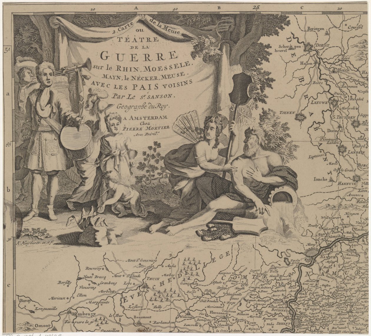 Mapa regionu východně a jižně od Bruselu a hrabství Namur (list vlevo nahoře) Carte de la Meuse nebo Téâtre de la Guerre sur le Rhein, Moessele, Mayn, le Necker, Meuse avec les pais voisins (název na objektu) od Cornelis Huyberts
