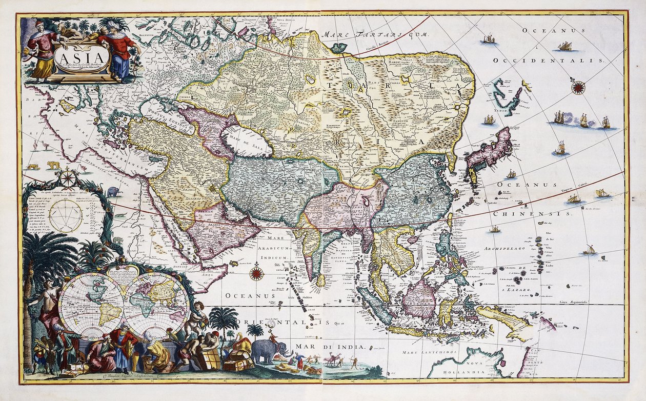 Mapa Asie, kolem roku 1696 (ručně kolorovaná rytina) od Cornelis III Danckerts