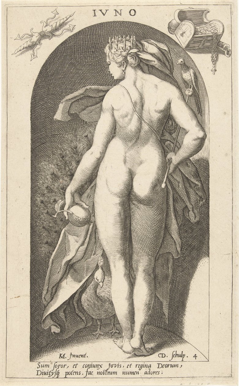 Juno s pávem Ivno (titul na objektu) Starověcí bohové (název série) od Cornelis Jacobsz. Drebbel