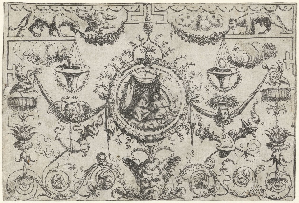 Ornament se třemi postavami klečícími pod látkou od Cornelis Massijs (attributed to)