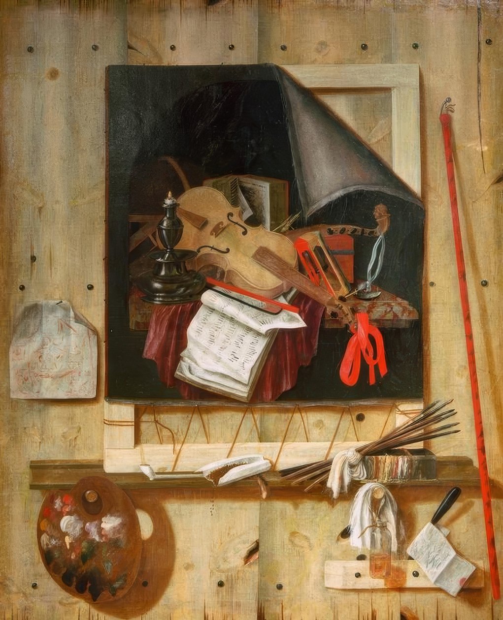 Trompel’Oeil s ateliérovou stěnou a zátiším vanitas od Cornelis Norbertus Gysbrechts