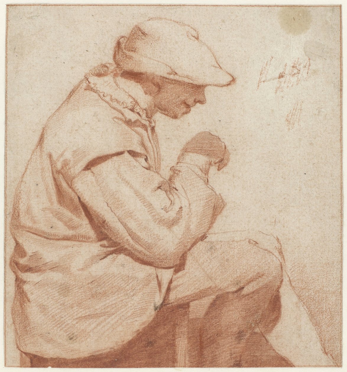 Sedící muž s měkkou čepicí, v profilu vpravo, se zdviženou pravou rukou od Cornelis Pietersz. Bega (attributed to)