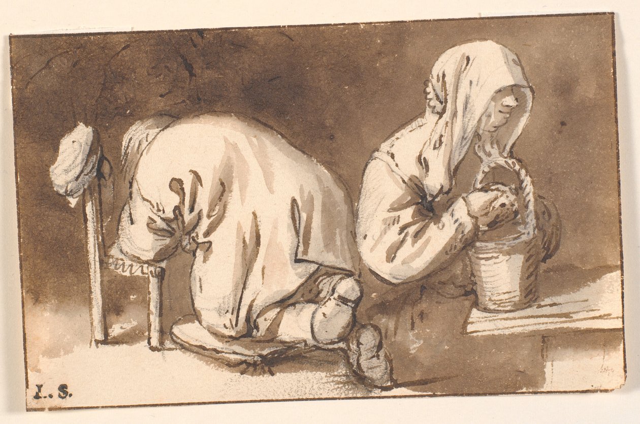 Klečící muž a žena s košíkem od Cornelis Pietersz Bega