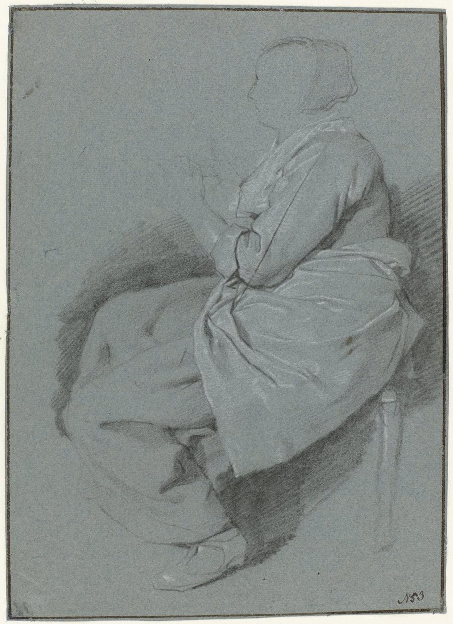 Sedící žena, v profilu vlevo, na sobě zástěru od Cornelis Pietersz. Bega