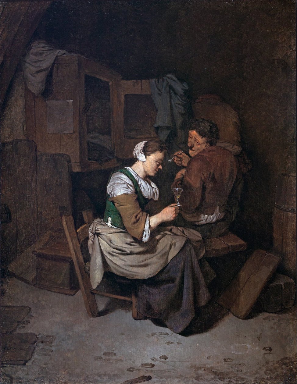 Žena s pohárem vína a dva rolníci od Cornelis Pietersz Bega