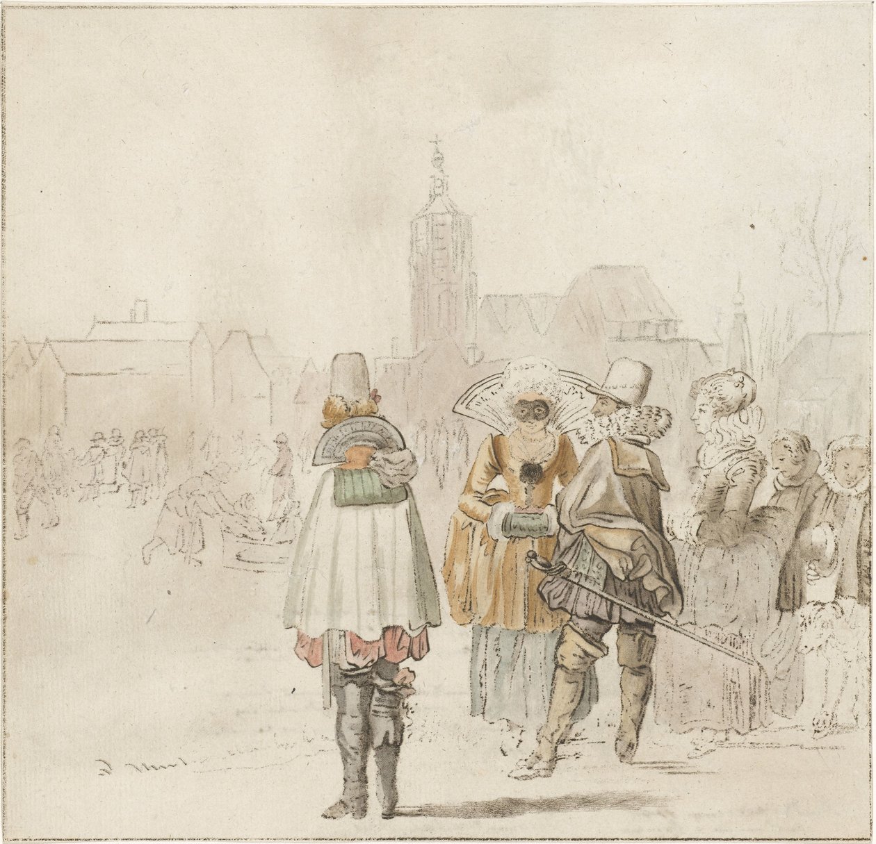 Elegantní společnost na ledě od Cornelis Ploos van Amstel (signed by artist)