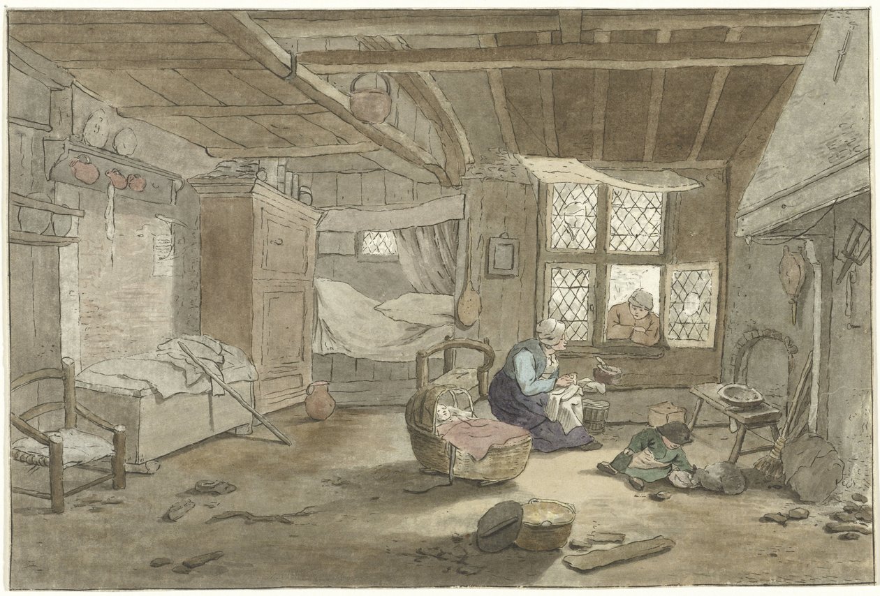 Interiér s ženou v postýlce od Cornelis Ploos van Amstel (signed by artist)