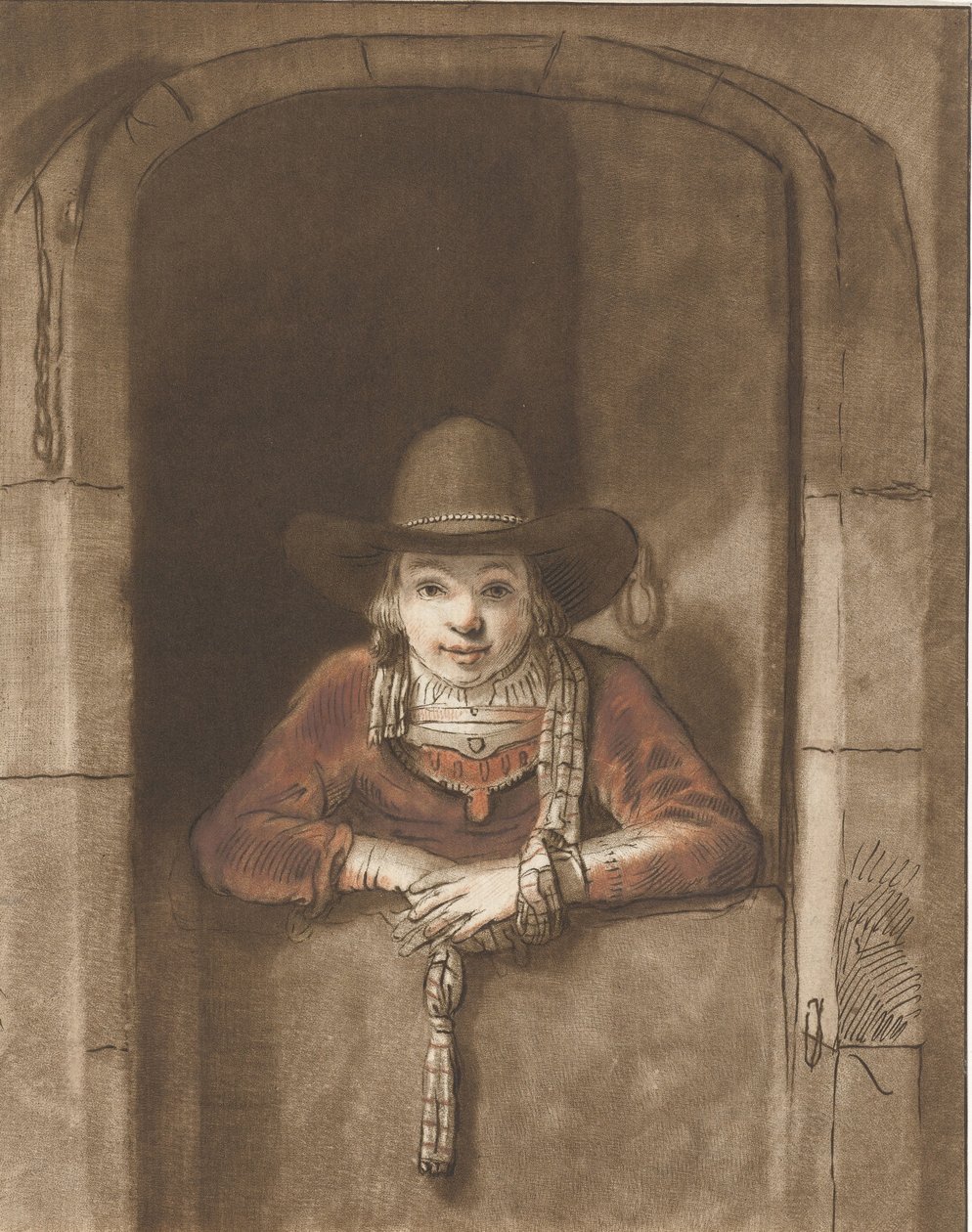 Chlapec naklánějící se nad spodními dveřmi od Cornelis Ploos van Amstel (signed by artist)