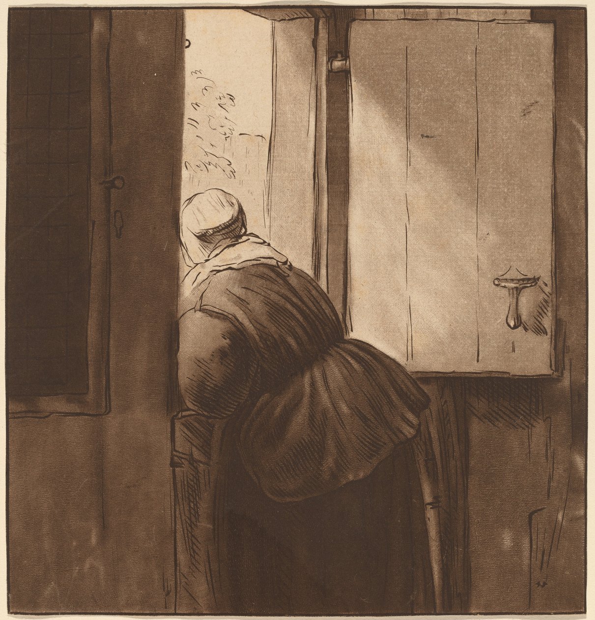 Žena naklánějící se přes nižší dveře, 1761, vydáno 1765. od Cornelis Ploos van Amstel