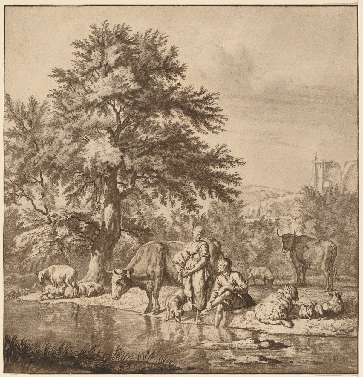 Pastýř a pastýřka se svým stádem od Cornelis Ploos van Amstel after Adriaen