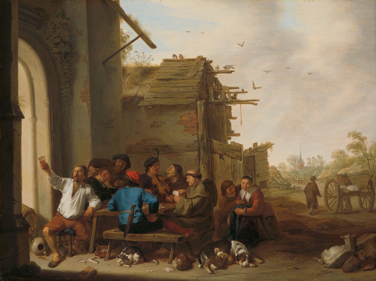 Postavy před vesnickým hostincem Společnost country folku od Cornelis Saftleven