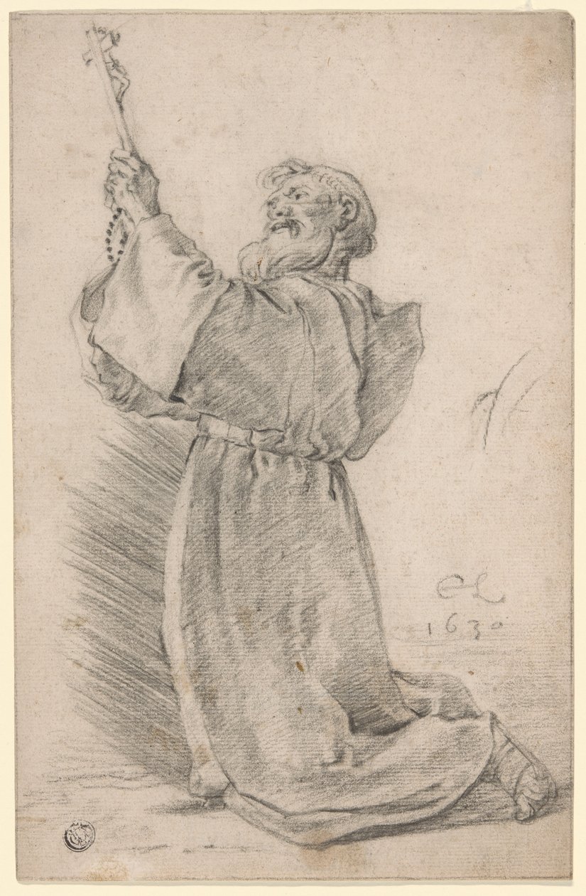 Klečící mnich držící krucifix od Cornelis Saftleven