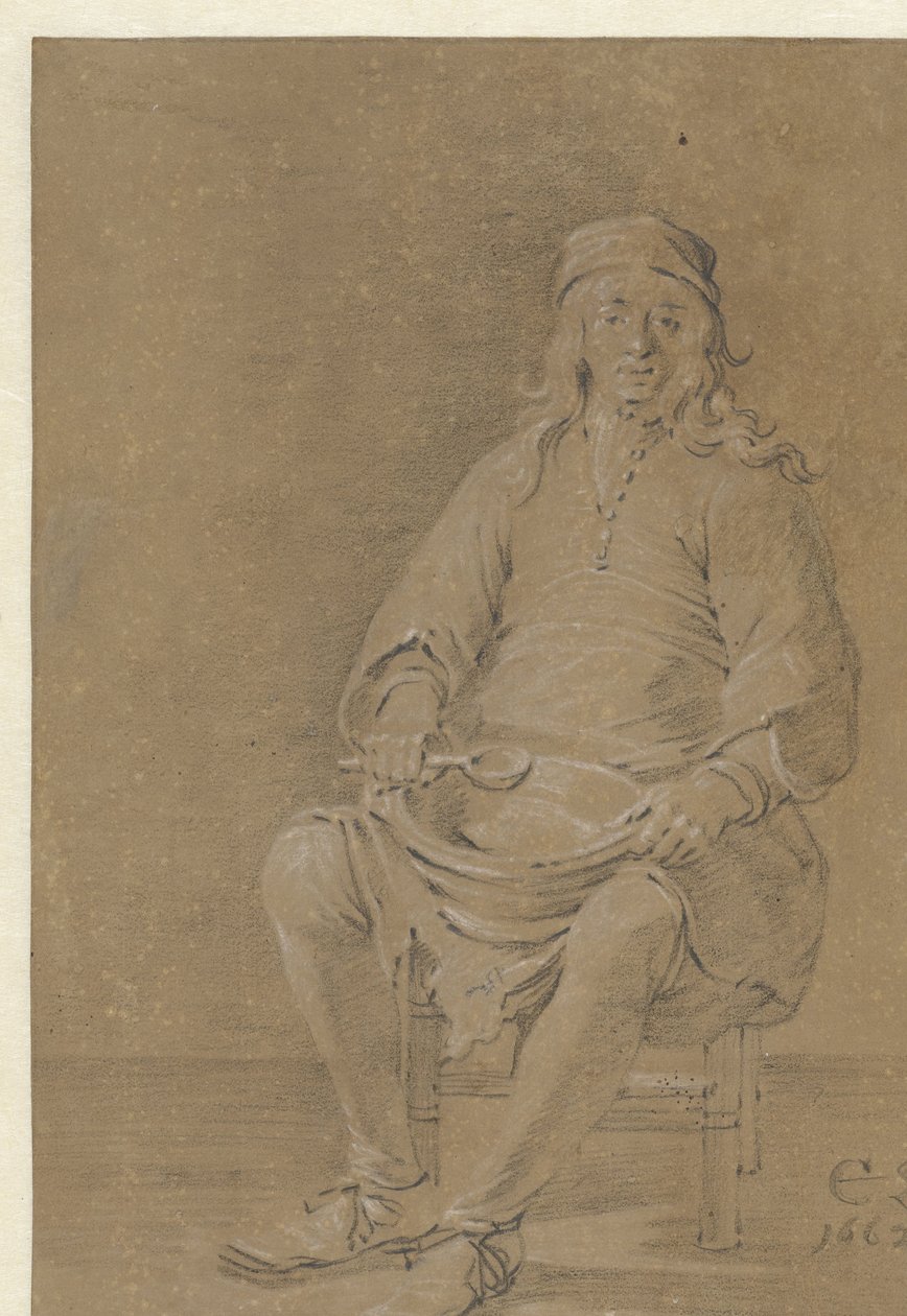 Sedící muž s miskou na klíně od Cornelis Saftleven