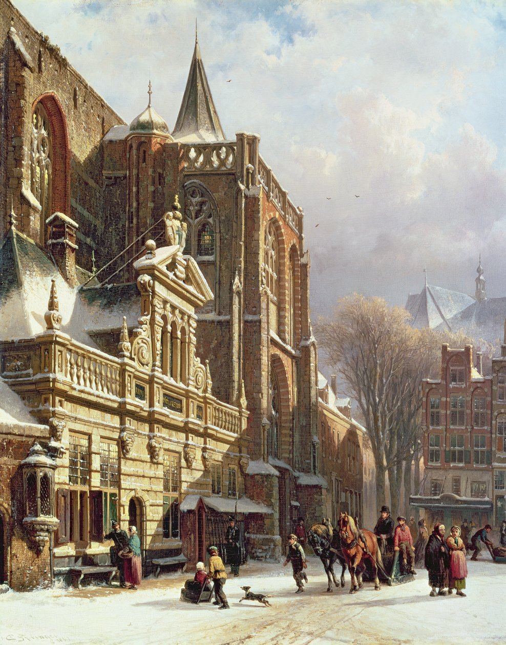 Pohled na Hoofdwacht a Grote Kerk, Zwolle od Cornelis Springer