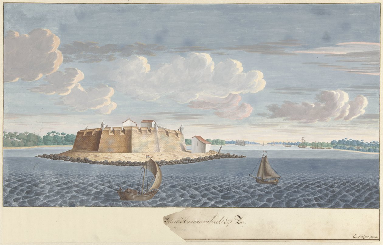 Fort Hammenhiel (Hummenil) na Cejlonu, při pohledu z moře Pevnost Hammenhiel z moře (název na objektu) od Cornelis Steiger
