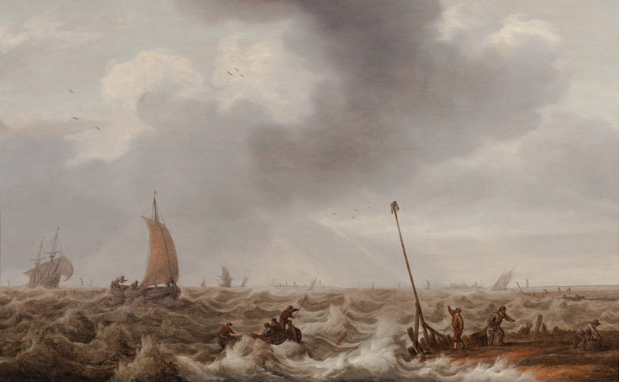 Přeprava v rozbouřených mořích podél pobřeží s molem, majákem a městem v dálce, cca 1600-55 (olej na panelu) od Cornelis Stooter