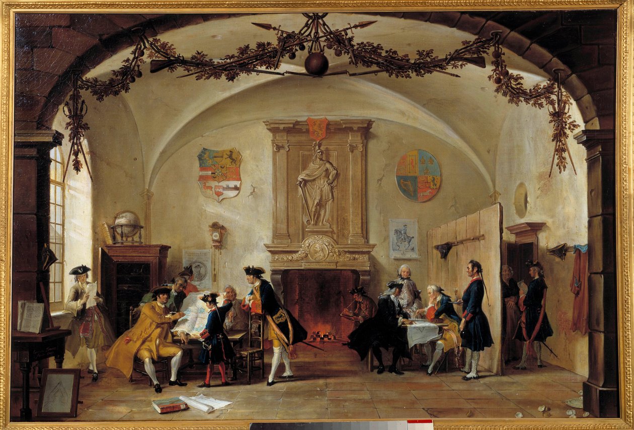 Alegorie války proti Francii Nizozemští vojáci studují strategie během války o španělské dědictví (1701-1714) mezi Francií a Španělskem a koalicí tvořenou Anglií, Nizozemskem a Pruskem. Obraz Cornelis Troost (1697-1750) 1747 The Ha od Cornelis Troost