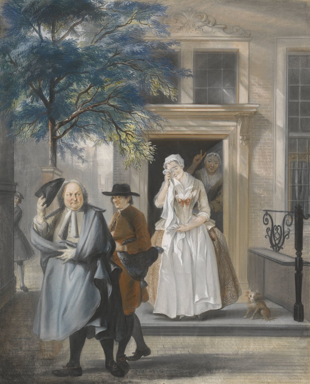 „Předstíraný smutek“: První dějství, jedenáctá scéna komedie „Objevená zjevná ctnost“ od Davida Lingelbacha (1687) od Cornelis Troost