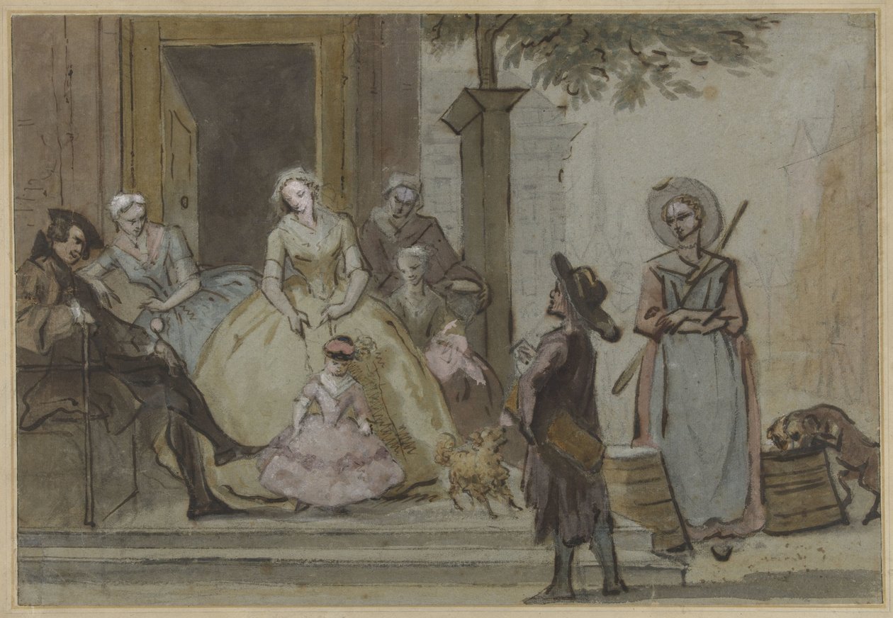 Hurdy přehrávač pro poslouchající rodinu na prahu městského domu od Cornelis Troost